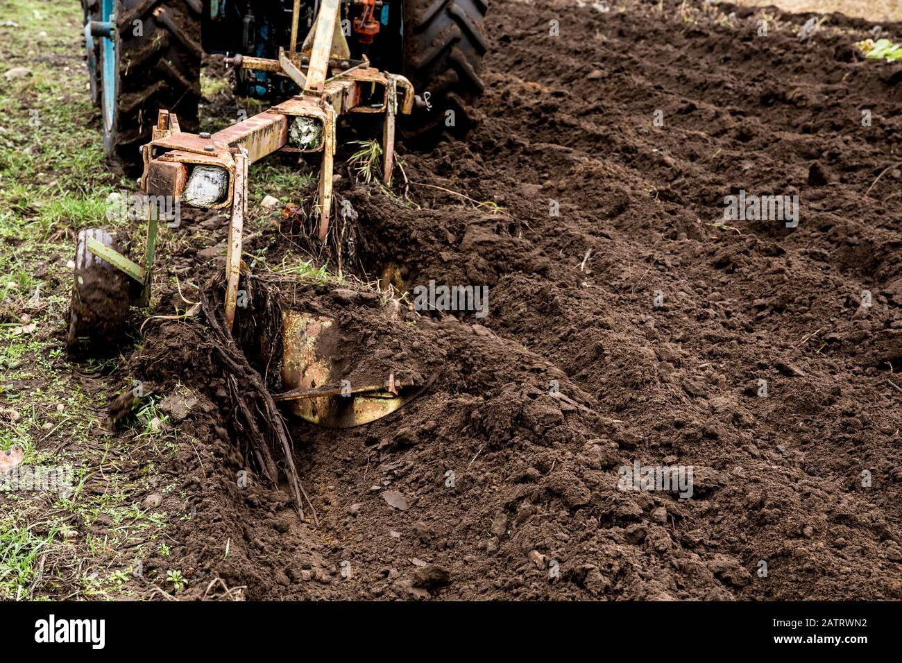 Coltivazione con trattore di terra fertile nera nel Nord Europa alla fine dell'autunno. Preparare terra per l'inverno. Foto Stock