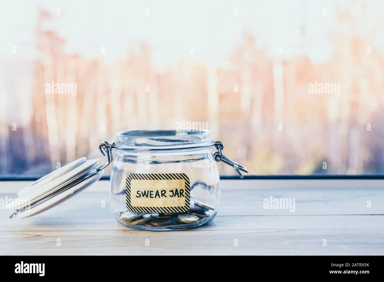 Fuoco selettivo su vaso di vetro con testo: Giuro vaso, su esso. Ogni volta che la persona maledice o si spurla deve mettere i soldi come punizione in vaso per le conservazioni sicure. Foto Stock