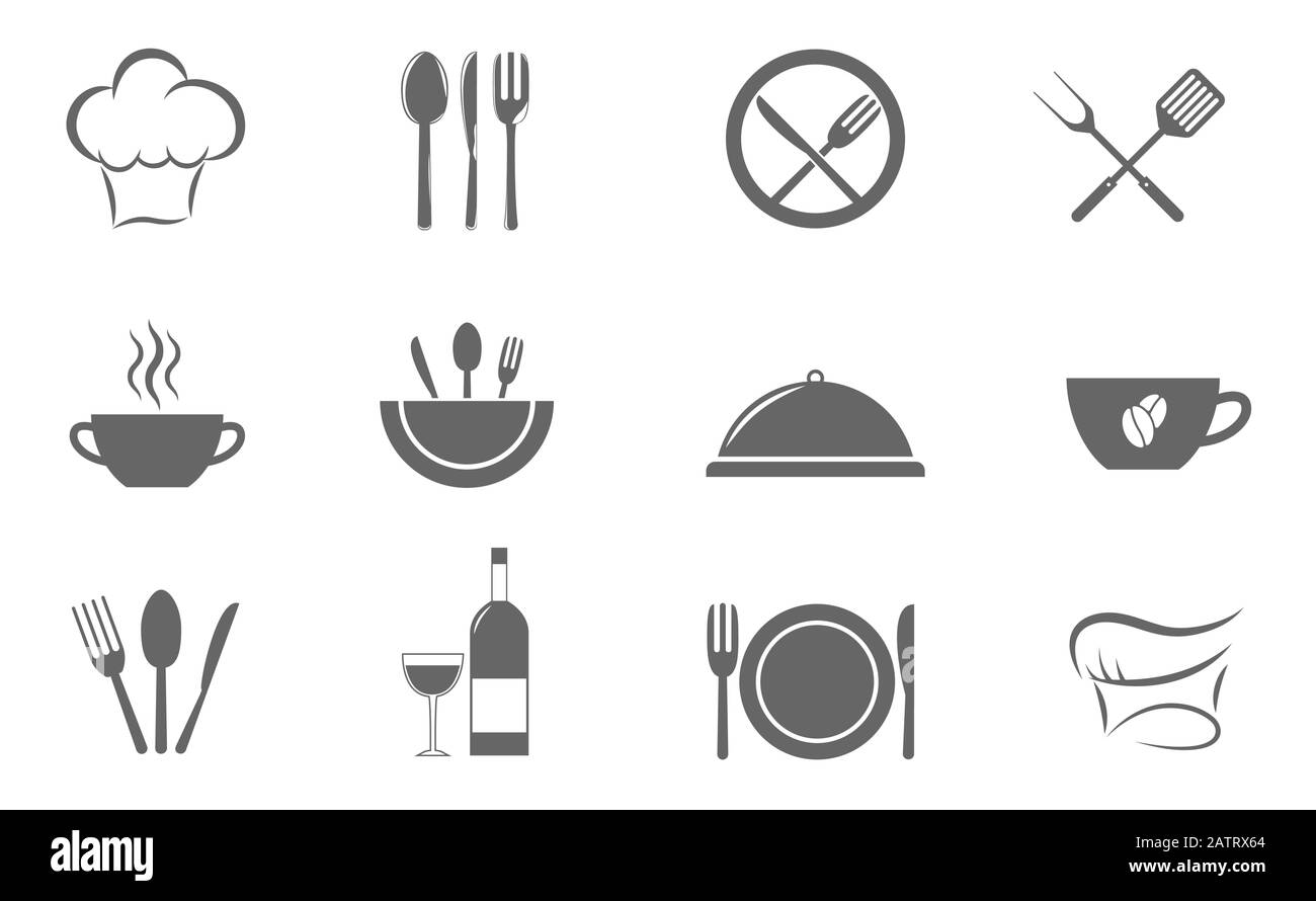 Forcella, il coltello e la piastra delle icone. Il ristorante e il cafe simbolo, illustrazione vettoriale Illustrazione Vettoriale