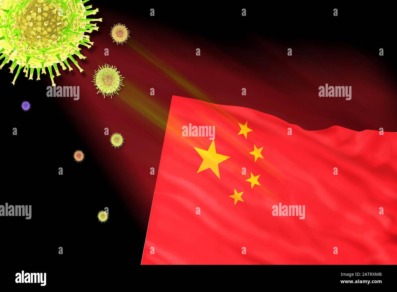 Cina Wuhan virus focolaio illustrazione con bandiera cinese. Foto Stock
