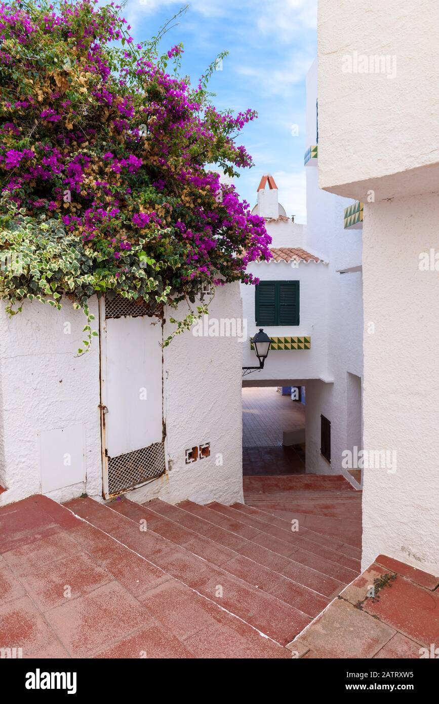 Strada con case tradizionali spagnole decorate con fiori nel villaggio di Binibeca Nou. Minorca. Spagna Foto Stock