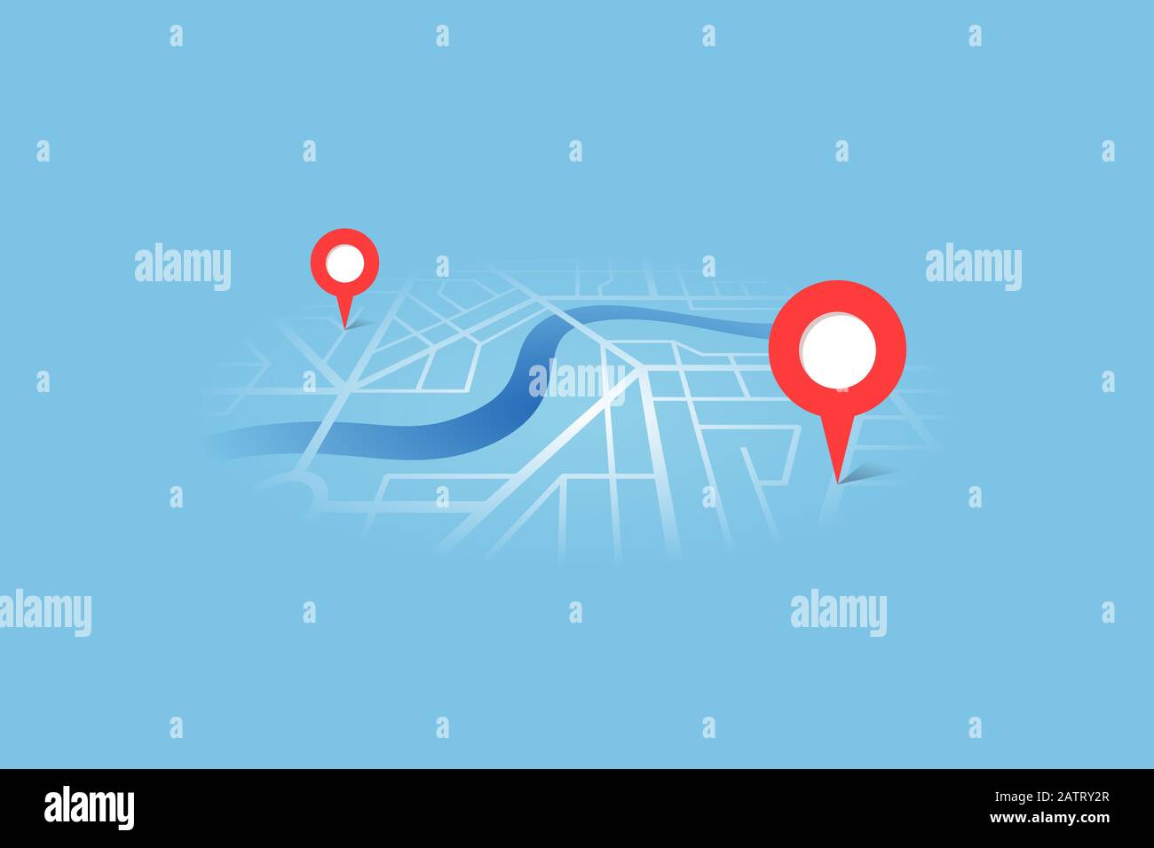 Mappa stradale della città con segnapunti di posizionamento GPS del fiume e percorso di navigazione tra i punti di riferimento. Vector blue color prospettiva Visualizza schema di posizione dell'illustrazione eps isometrica Illustrazione Vettoriale