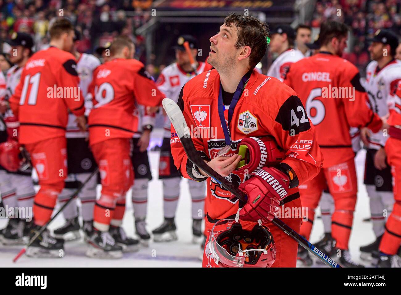 Hradec Kralove, Repubblica Ceca. 04th Feb, 2020. La squadra svedese Frolunda ha vinto la Champions League di hockey su ghiaccio stasera, per la quarta volta in cinque anni, quando ha sconfitto Hradec Kralove 3-1 nella Repubblica Ceca, 4 febbraio 2020. Triste giocatore di hockey di Hradec Kralove Petr Koukal. Credit: David Tanecek/Ctk Photo/Alamy Live News Foto Stock