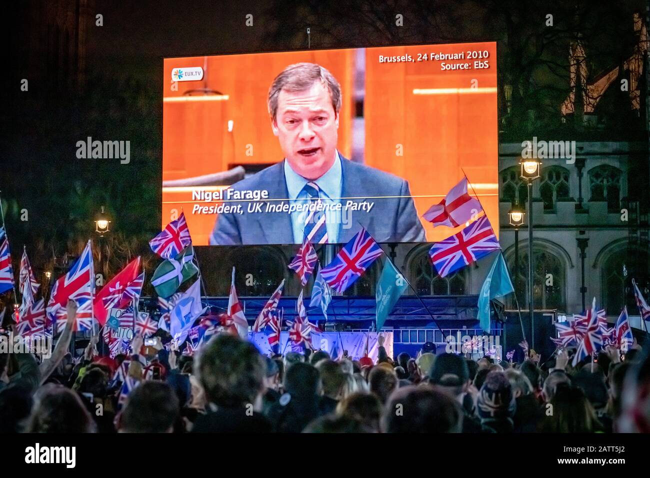 UK Brexit Day 31st gennaio 2020. Le celebrazioni a Londra in quanto Regno Unito escono definitivamente dall'Unione europea dopo un rapporto di 47 anni. Foto Stock