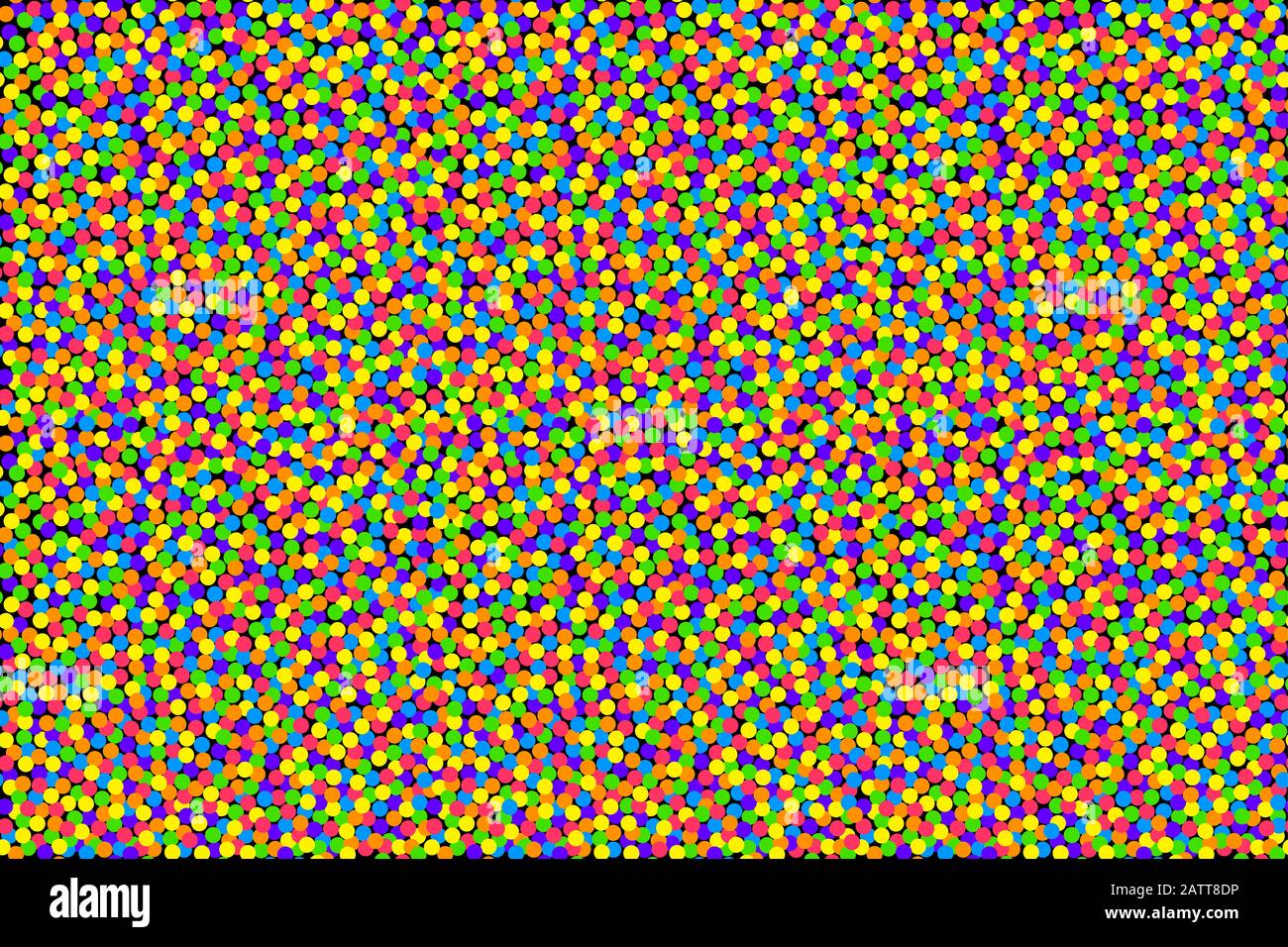 Sfondo colorato confetti. Piccoli punti in grassetto e colori saturi, distribuiti casualmente su uno sfondo nero di forma rettangolare per l'uso senza cuciture. Foto Stock