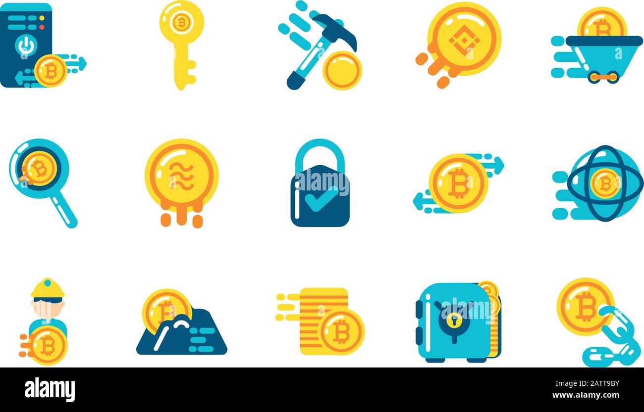 Icona Set design di Cryptocurrency moneta cambio banca finanziaria web mercato internet finanza elettronica e tema netto illustrazione vettoriale Illustrazione Vettoriale