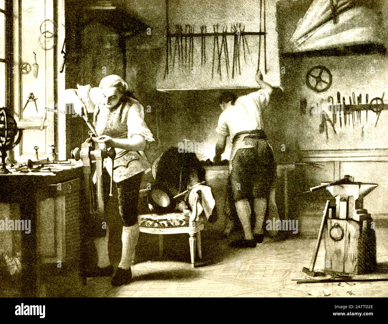 Questa immagine mostra Luigi XVI alla fucina di Versailles. Luigi XVI era un fabbro dilettante. Foto Stock