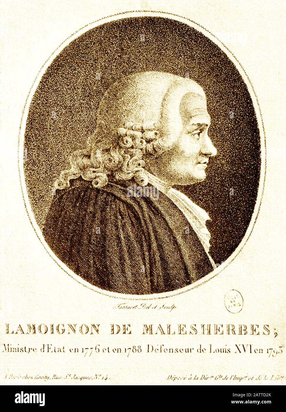 Questa illustrazione mostra Lamoignon de Malesherbes, consulente per il re XVI al suo processo nel 1793. Guillaume-Chretien de Lamoignon de Malesherbes (1721 – 1794) è stato un Nonostante il suo monarchismo impegnato, i suoi scritti contribuirono allo sviluppo del liberalismo durante l'era francese dell'Illuminismo. Fu Ministro di Stato dal 1776 al 1788. Foto Stock