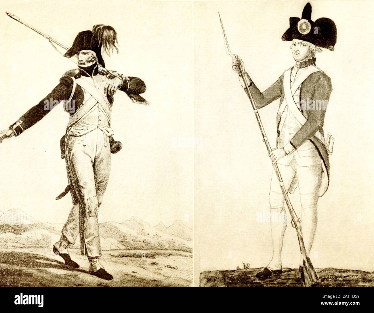 Qui in questa illustrazione che risale ai primi anni del 20th secolo sono due immagini di soldati al tempo della Rivoluzione francese (1789-1799). Quello a sinistra è un soldato della Guardia Nazionale. Sulla destra c'è un granatiere della fanteria Di Ligne. Foto Stock