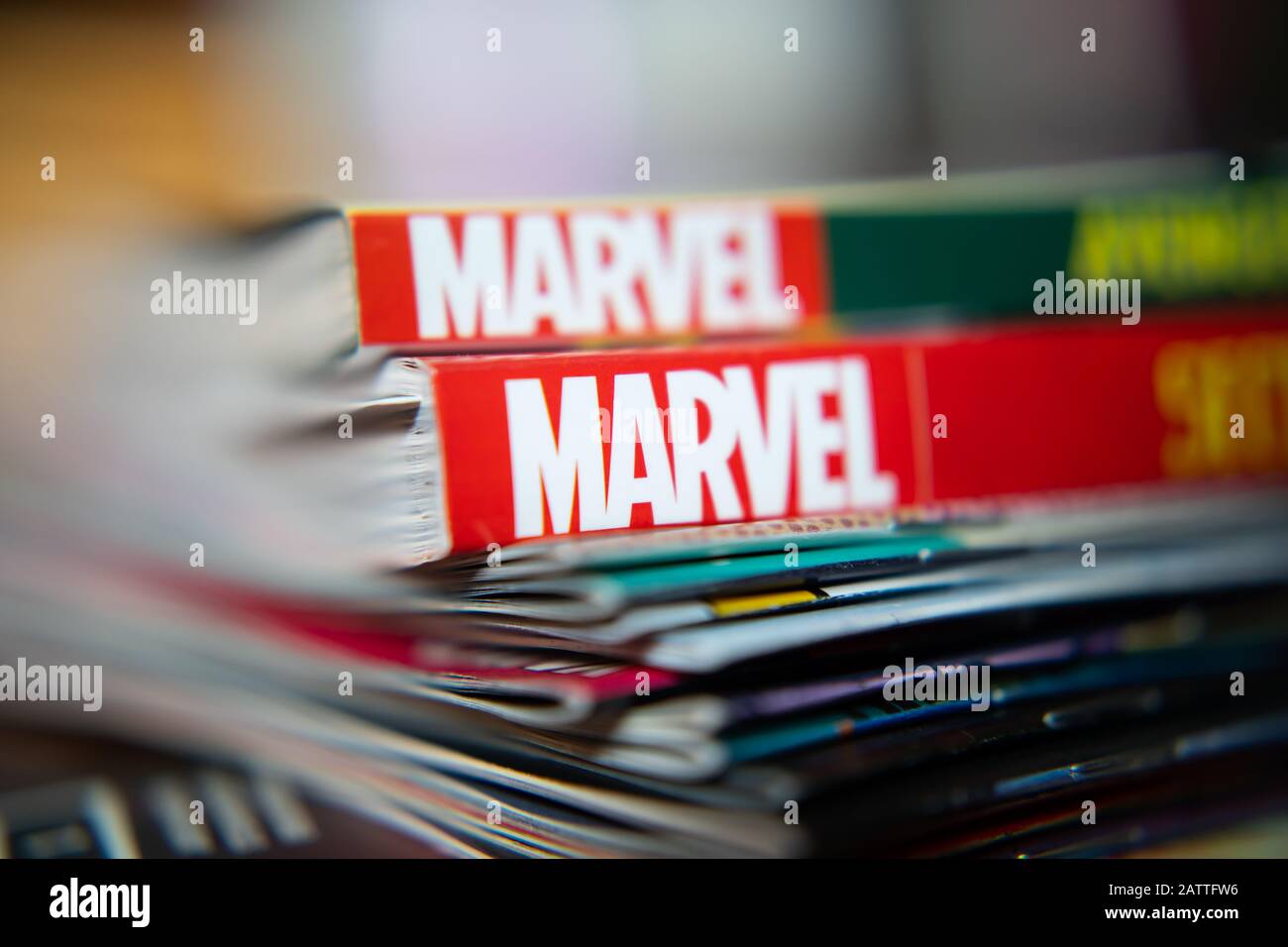 Bangkok, Thailandia - 15 dicembre 2019: Logo Marvel Comics sui fumetti. Foto Stock