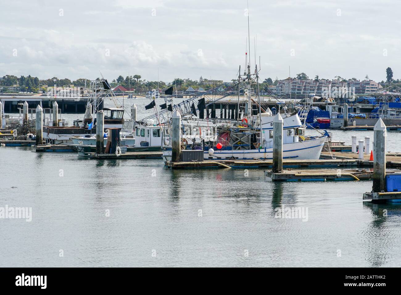 Barche commerciali da pesca ormeggiate nel porto di San Diego. Fish Harbour Pier Situato nell'area del centro di San Diego adiacente al villaggio portuale. California, Stati Uniti. 19 Gennaio 2020 Foto Stock