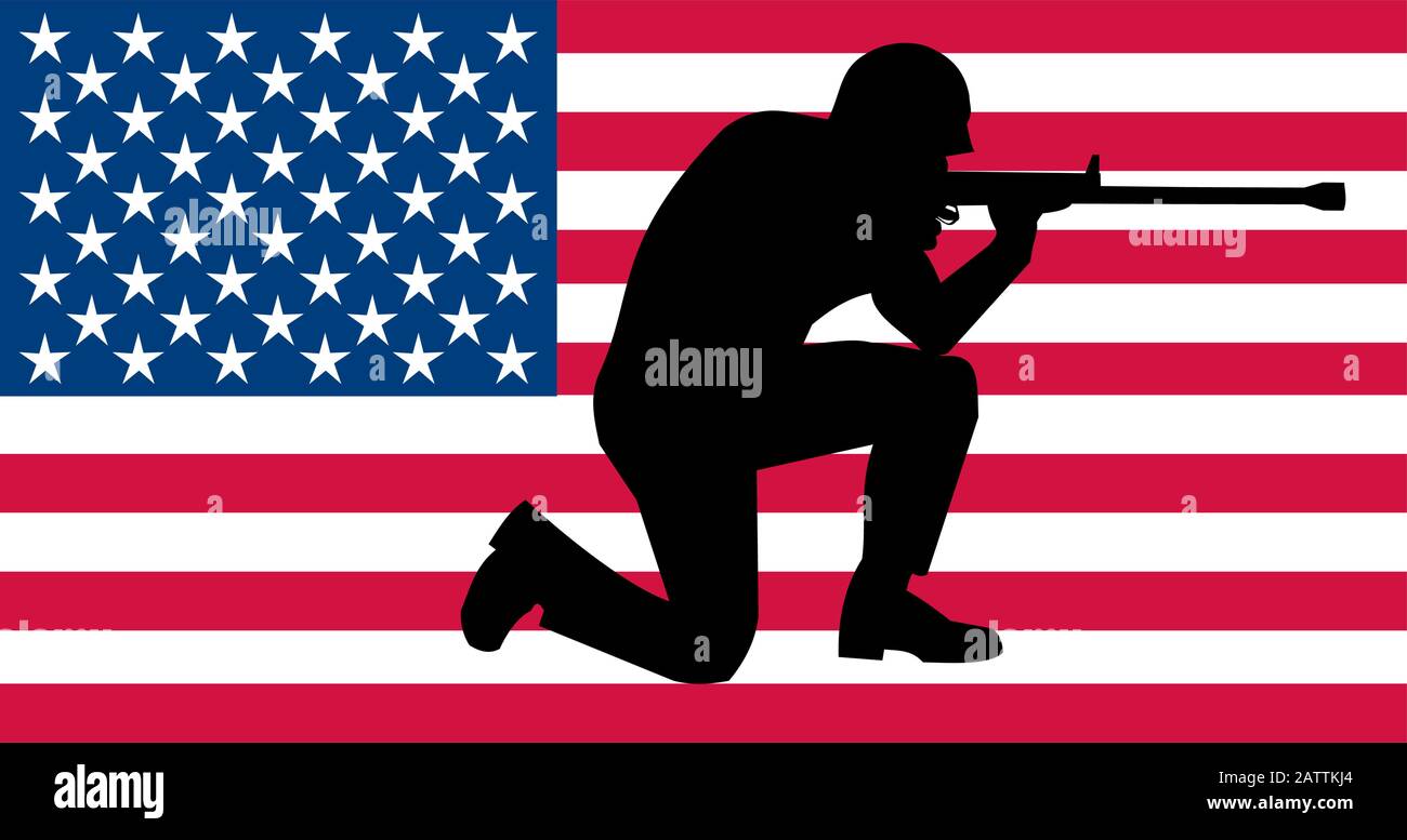 Vettore di Soldier silhouette contro bandiera americana Illustrazione Vettoriale