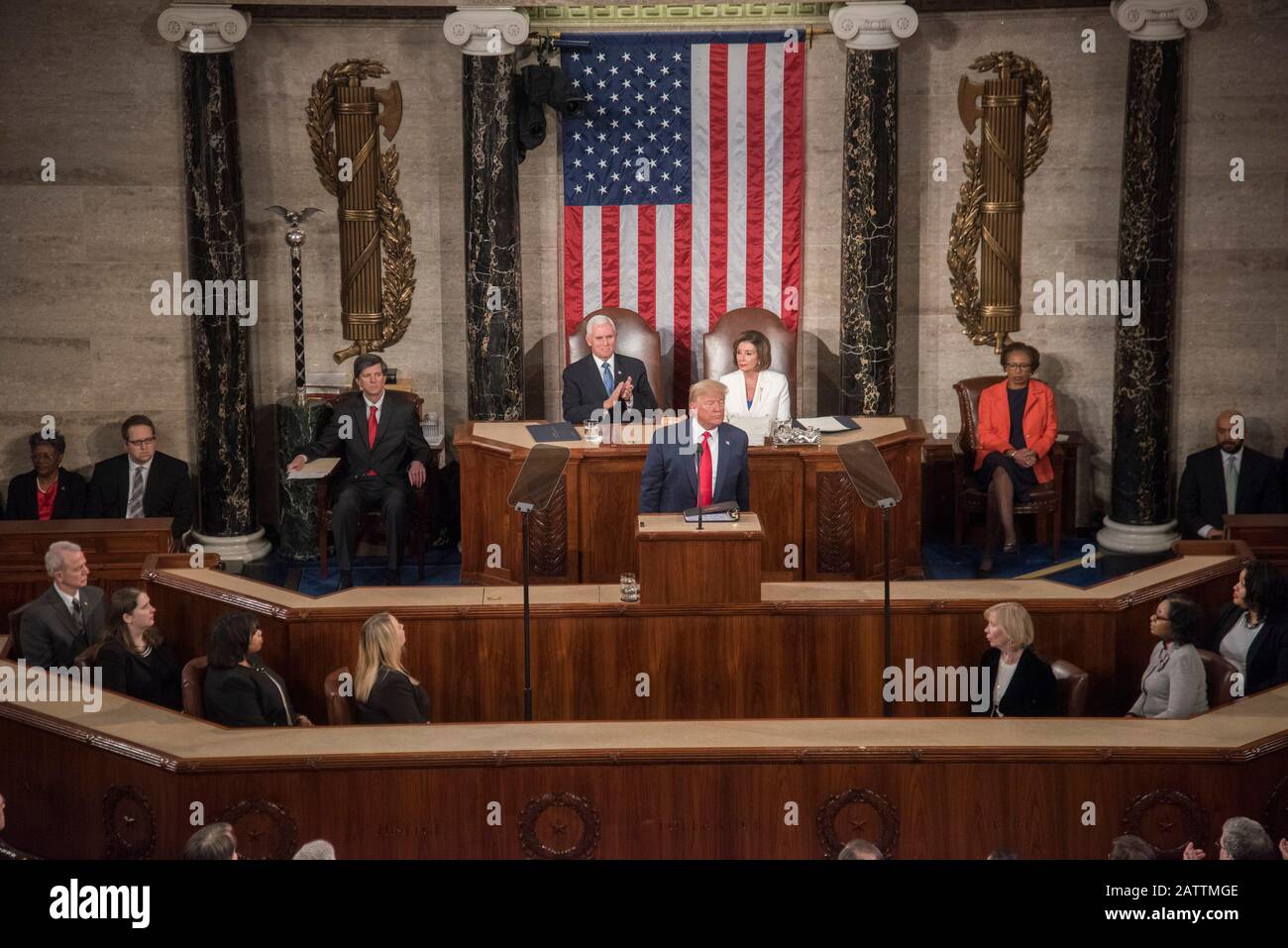 Washington DC, 4 febbraio 2020 il presidente Donald J. Trump dà il suo terzo stato dell’Unione ai membri della Camera Dei Rappresentanti Foto Stock