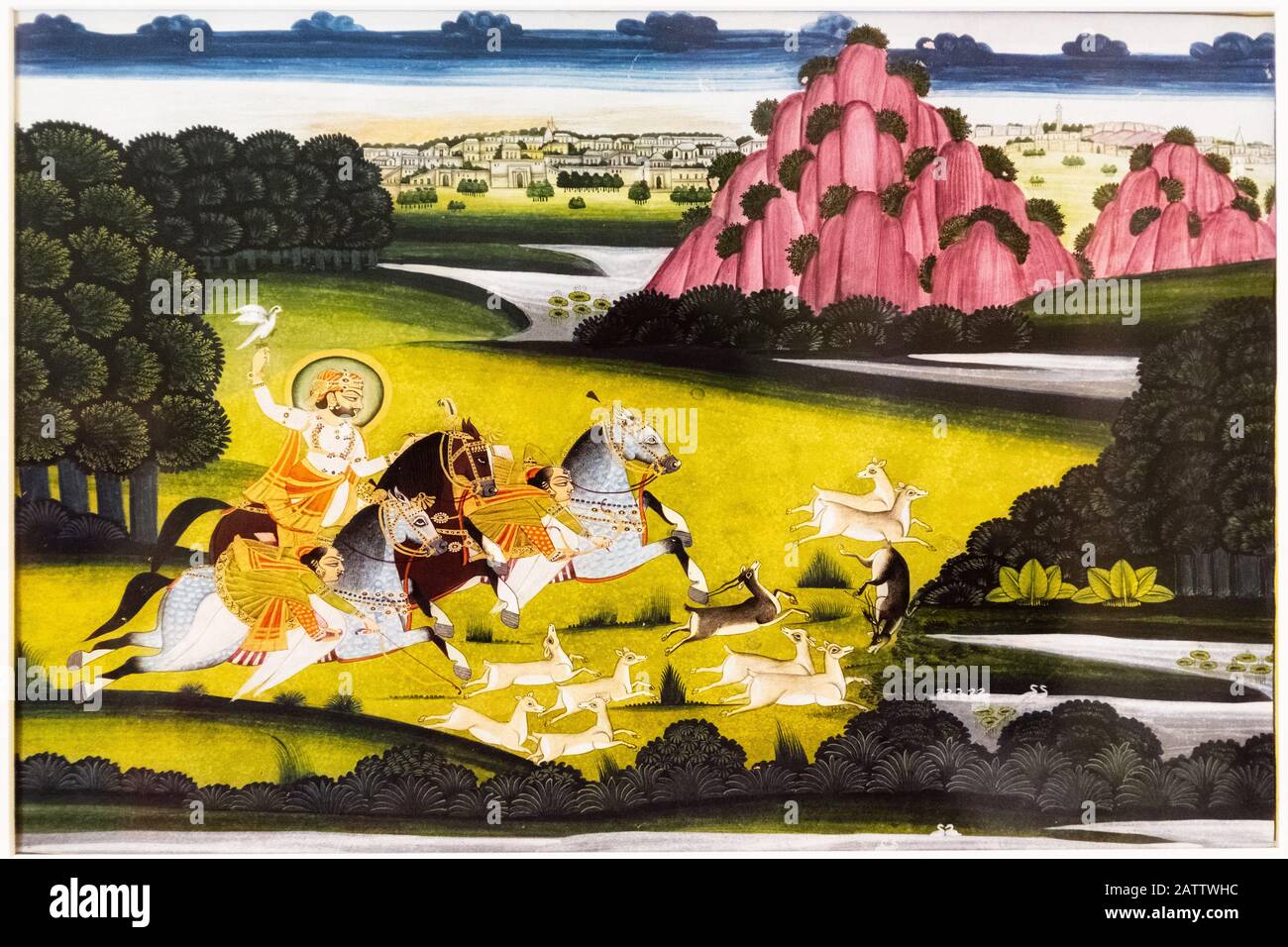Raja Man Singh (1783-1843) di Jodhpur - un dipinto raffigurante una scena della caccia Raja con le donne della corte. Circa 18th secolo. Foto Stock