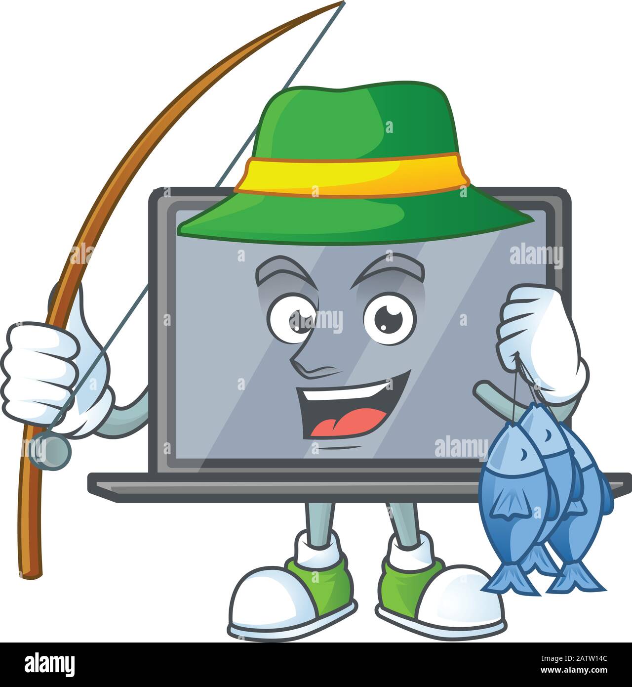Una mascotte disegno di pesca monitor con 3 pesci Illustrazione Vettoriale