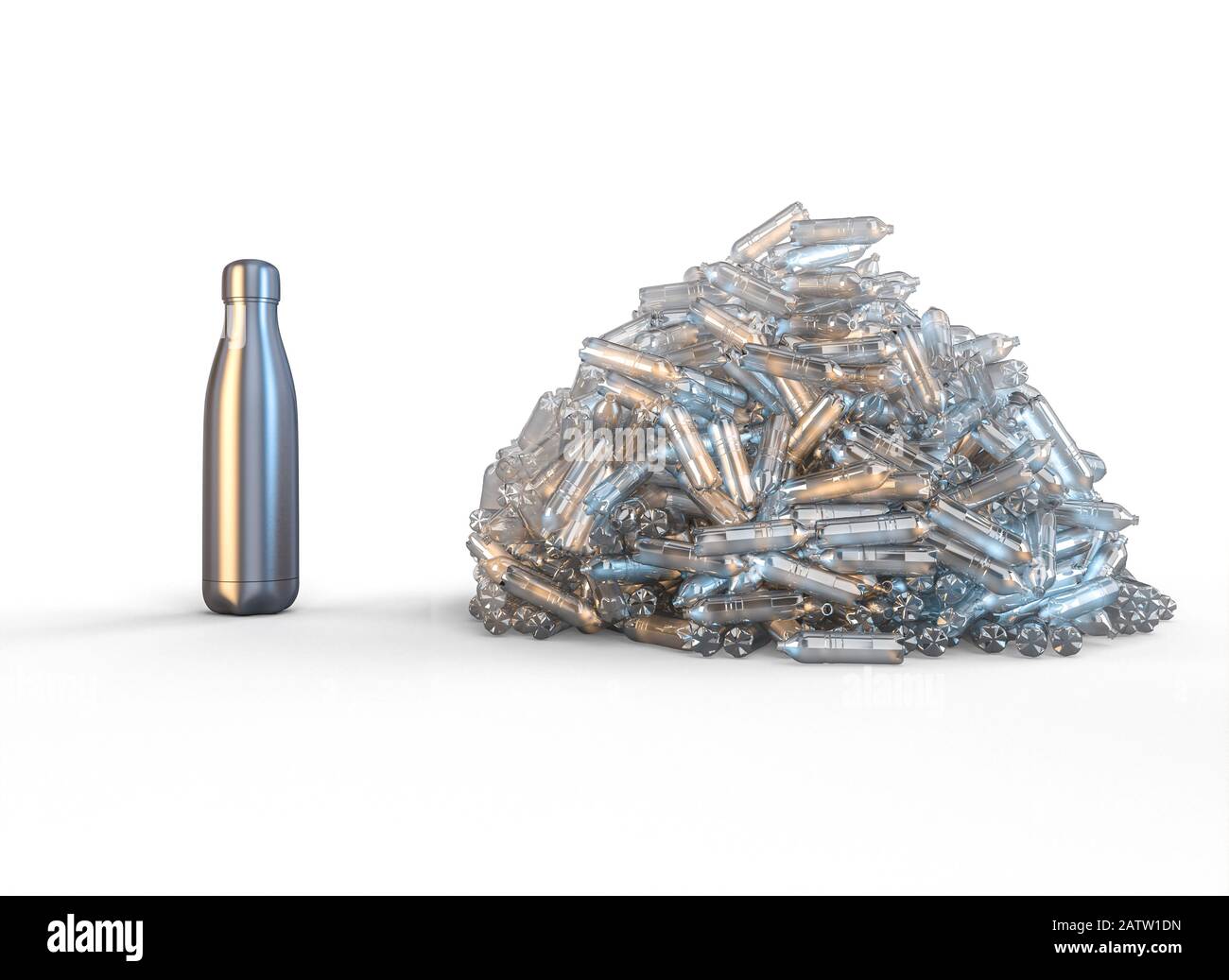 confronto tra una bottiglia in acciaio inox riutilizzabile e un gruppo di bottiglie in plastica vuote. concetto di rifiuti e uso eco-sostenibile. rendering 3d. Foto Stock