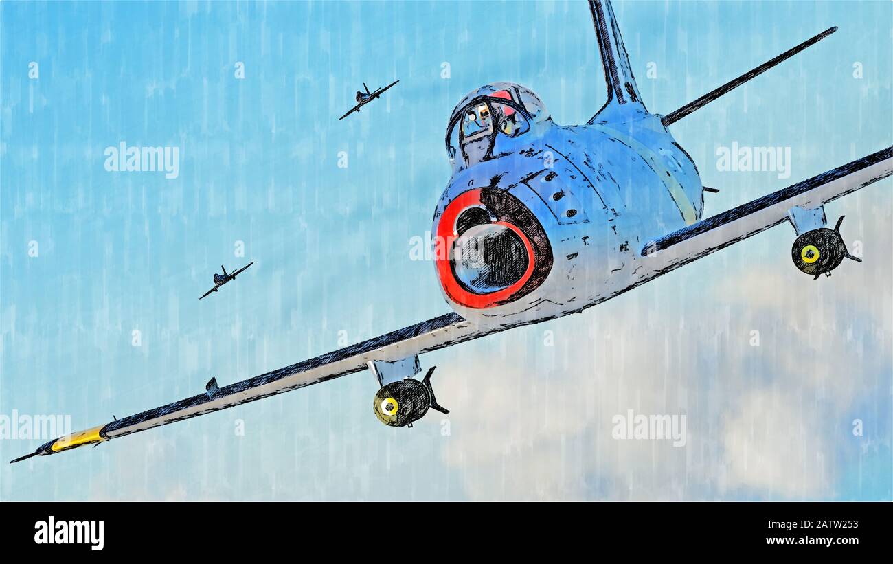 La F-86 Sabre nordamericana, a volte chiamata Sabrejet, è un aereo da combattimento a getto transonico. Foto Stock