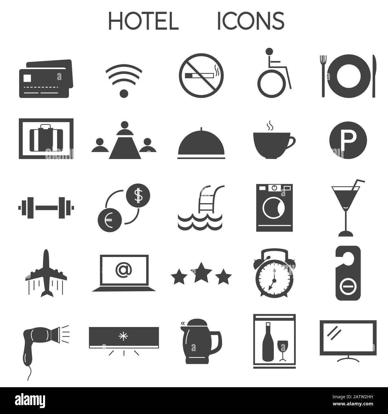 Set di segni e icone moderni per illustrare i servizi e le comodita' dell'hotel Illustrazione Vettoriale