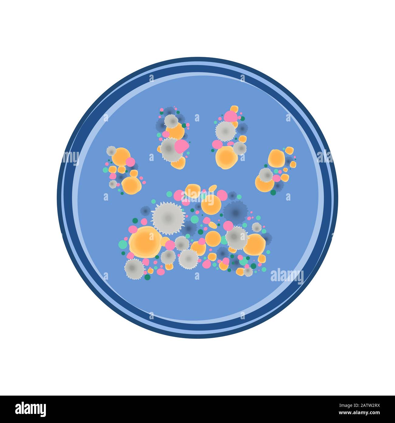 Crescita di colonie batteriche in forma di zampa animale, concetto di microbiologia vettoriale su disegno piatto. Illustrazione Vettoriale