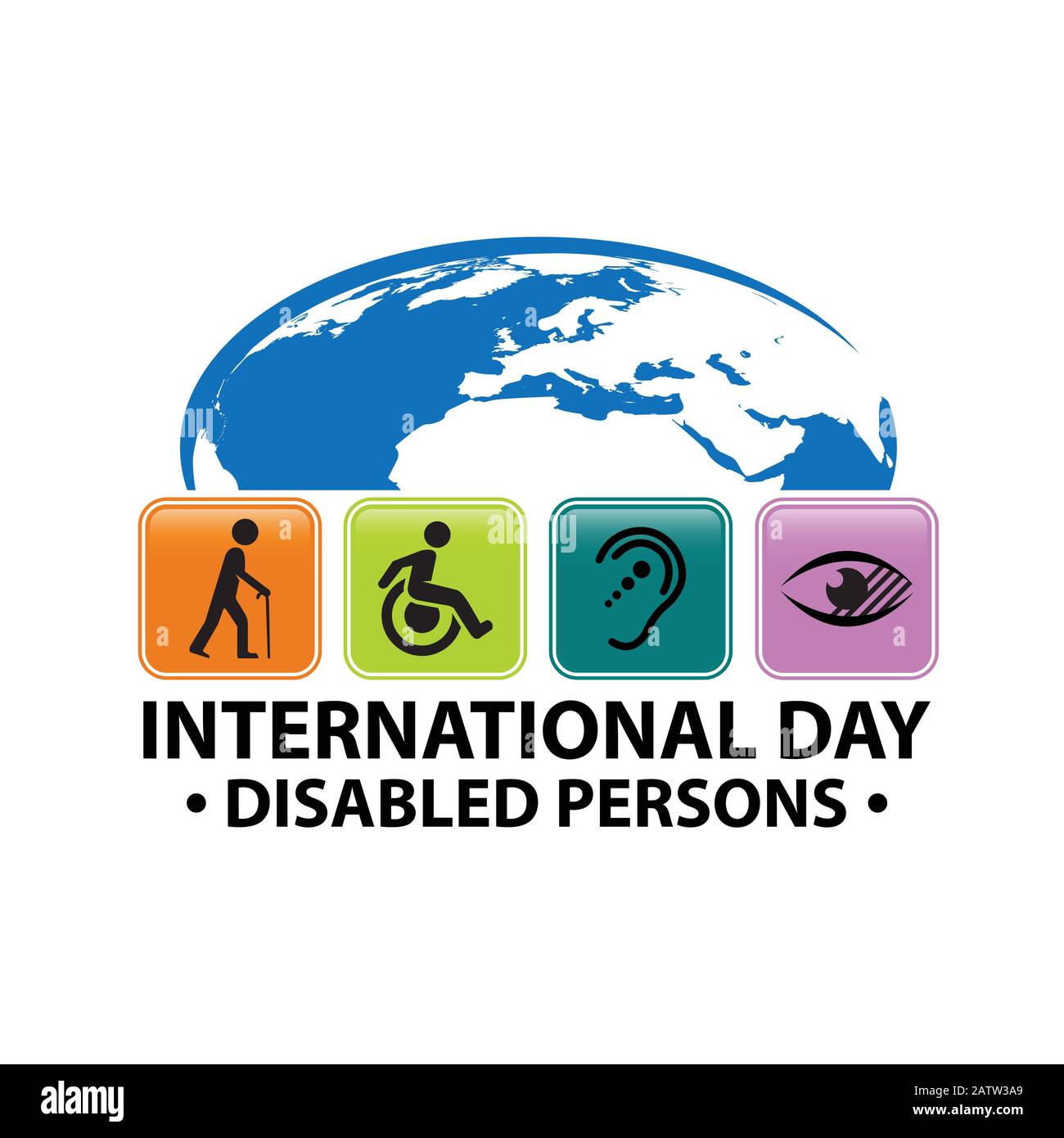 Illustrazione vettoriale per la Giornata Internazionale Delle Persone con disabilità con icone simboliche di non vedenti, sordi e disabili fisici Illustrazione Vettoriale