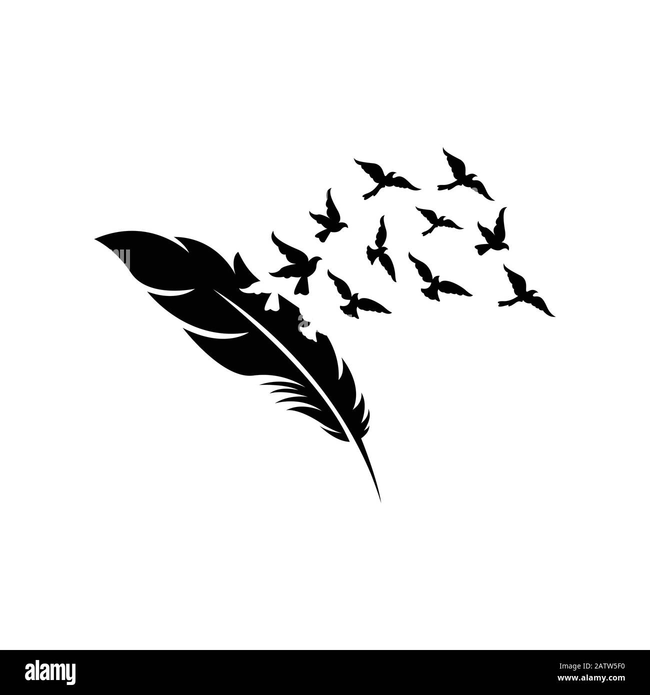 illustrazione vettoriale di piume stilizzate con sagome di greggi di uccelli Illustrazione Vettoriale