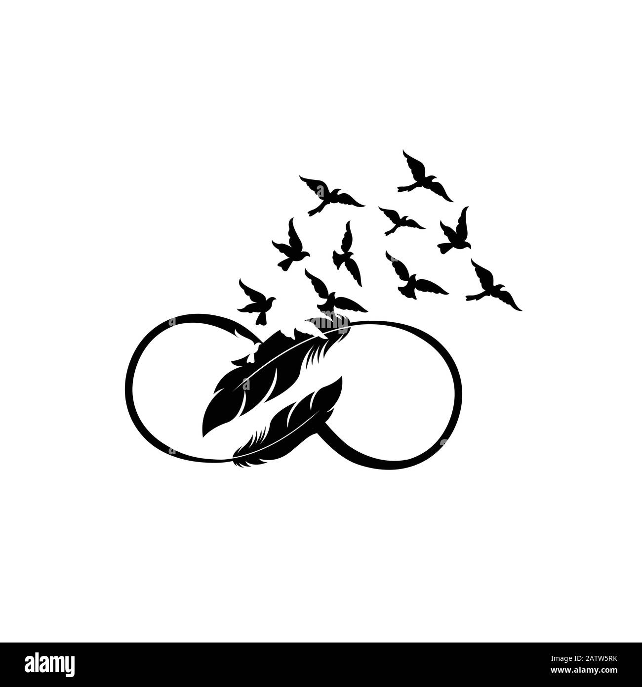 illustrazione vettoriale di piume stilizzate con sagome di greggi di uccelli Illustrazione Vettoriale