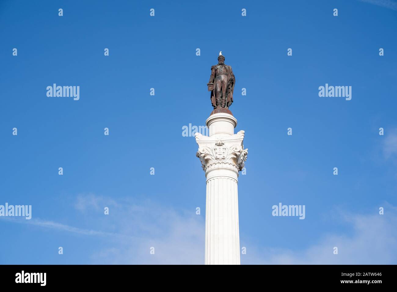 Primo piano del Monumento a Re Pedro IV in Piazza Rossio. Piccione in cima alla scultura Foto Stock
