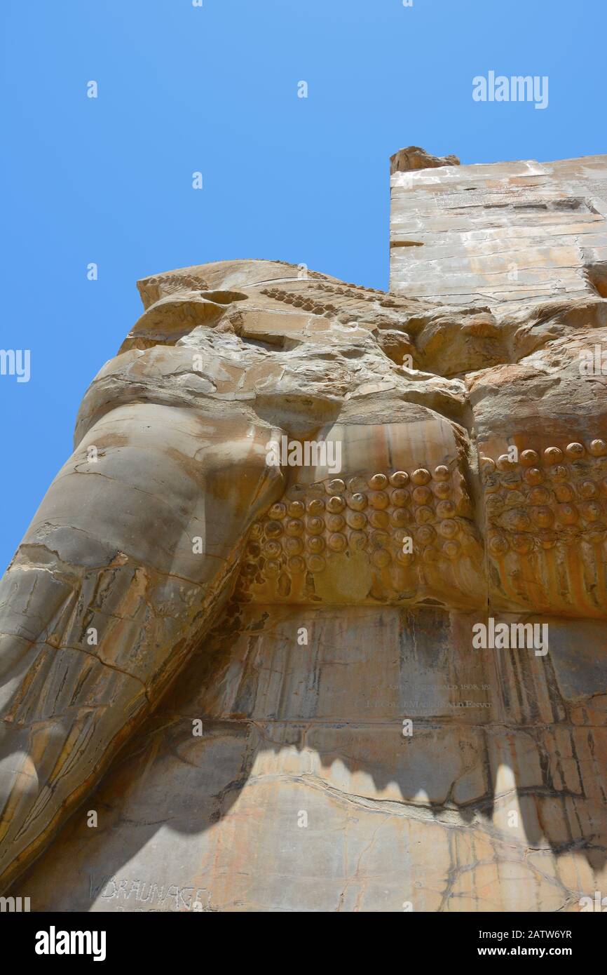 Dettagli della scultura nella porta di Tutte le Nazioni, l'ingresso a Persepolis. Foto Stock