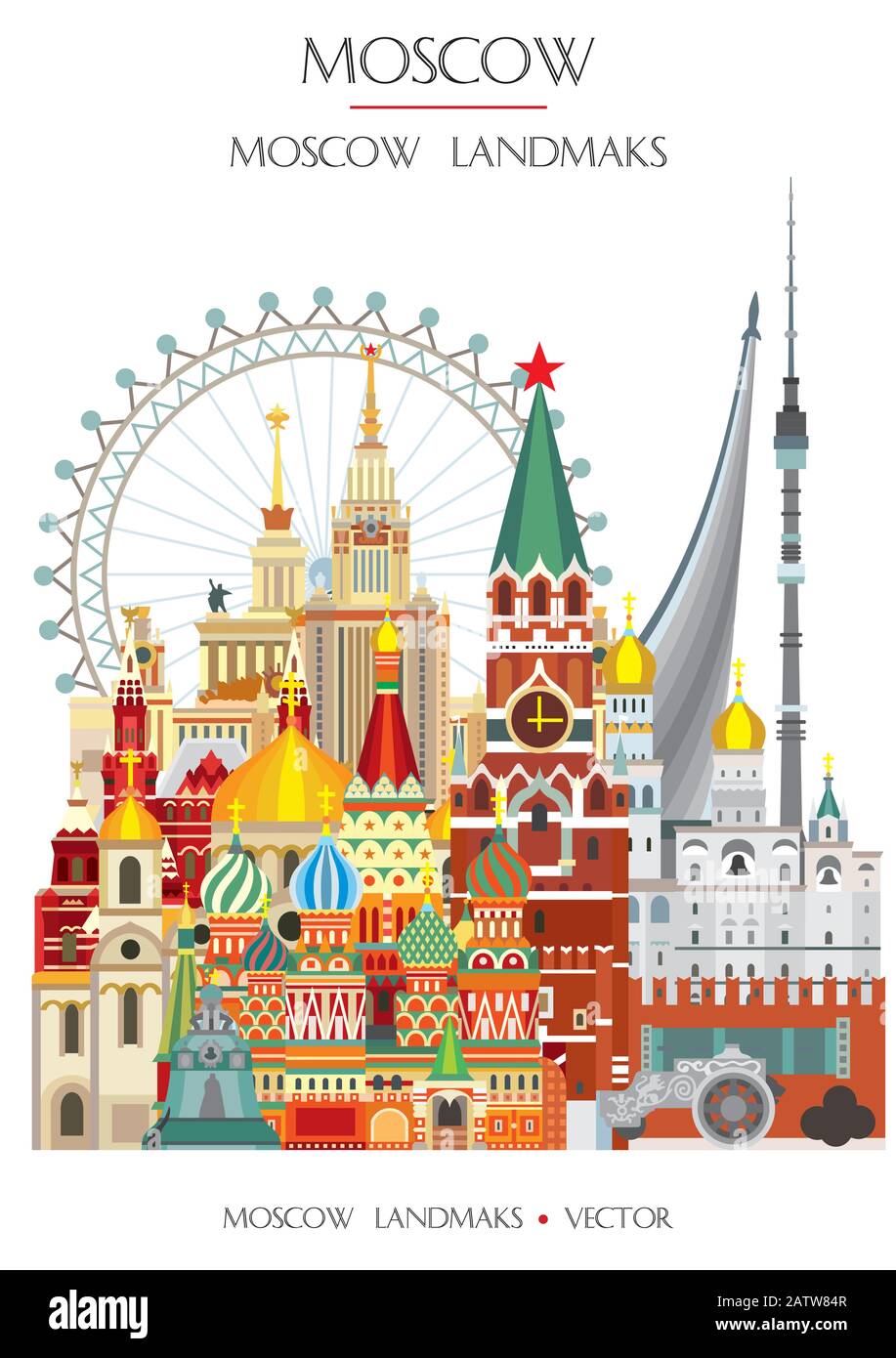 Variopinto illustrazione vettoriale dei famosi monumenti di Mosca, Russia. Immagine vettoriale piatta isolata su sfondo bianco. Illustrazione dello stock Illustrazione Vettoriale