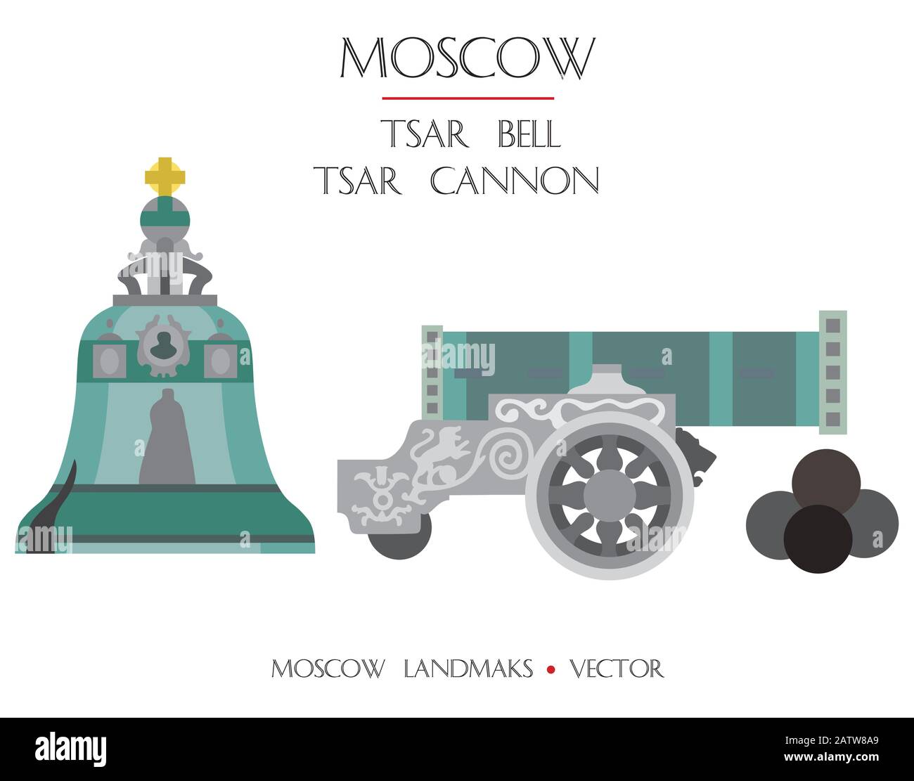 Variopinto vettore Tsar Bell e Tsar Cannon, famosi monumenti di Mosca, Russia. Immagine vettoriale piatta isolata su sfondo bianco. Codice illustrativo Illustrazione Vettoriale