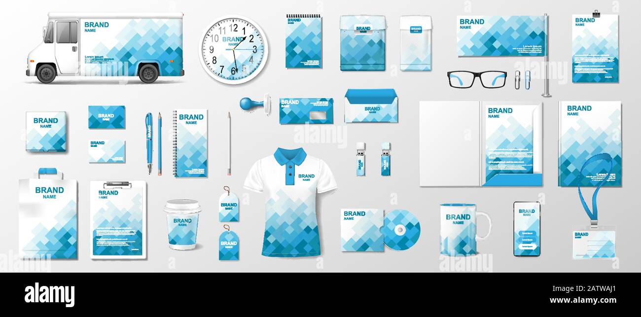 Modello di identità aziendale. Realistico Business Stationery mockup con astratto design geometrico. Cancelleria e uniforme, furgone, brochure, borsa, confezione Illustrazione Vettoriale