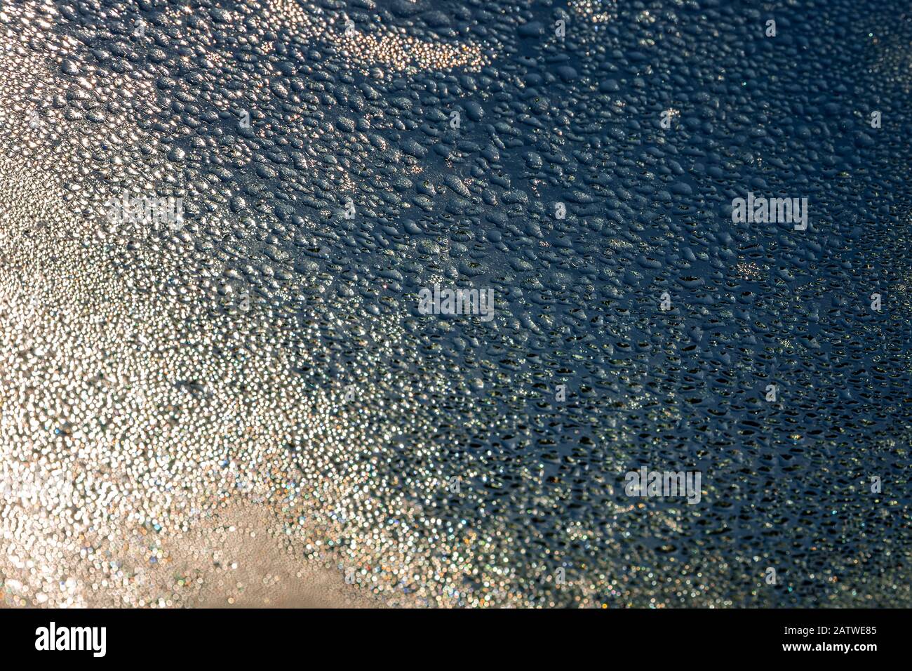 gocce d'acqua sul vetro della retroilluminazione Foto Stock