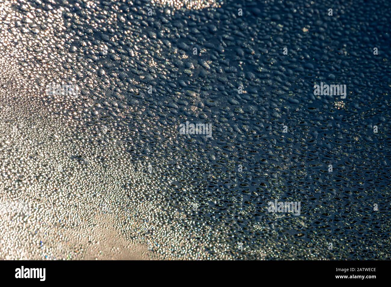gocce d'acqua sul vetro della retroilluminazione Foto Stock