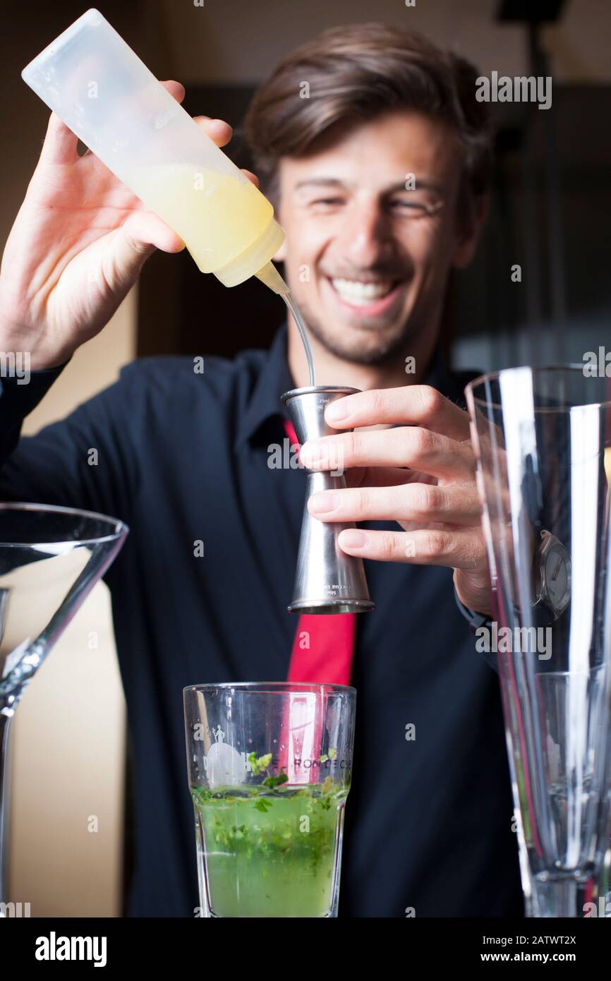Barman che fa un cocktail. Foto Stock