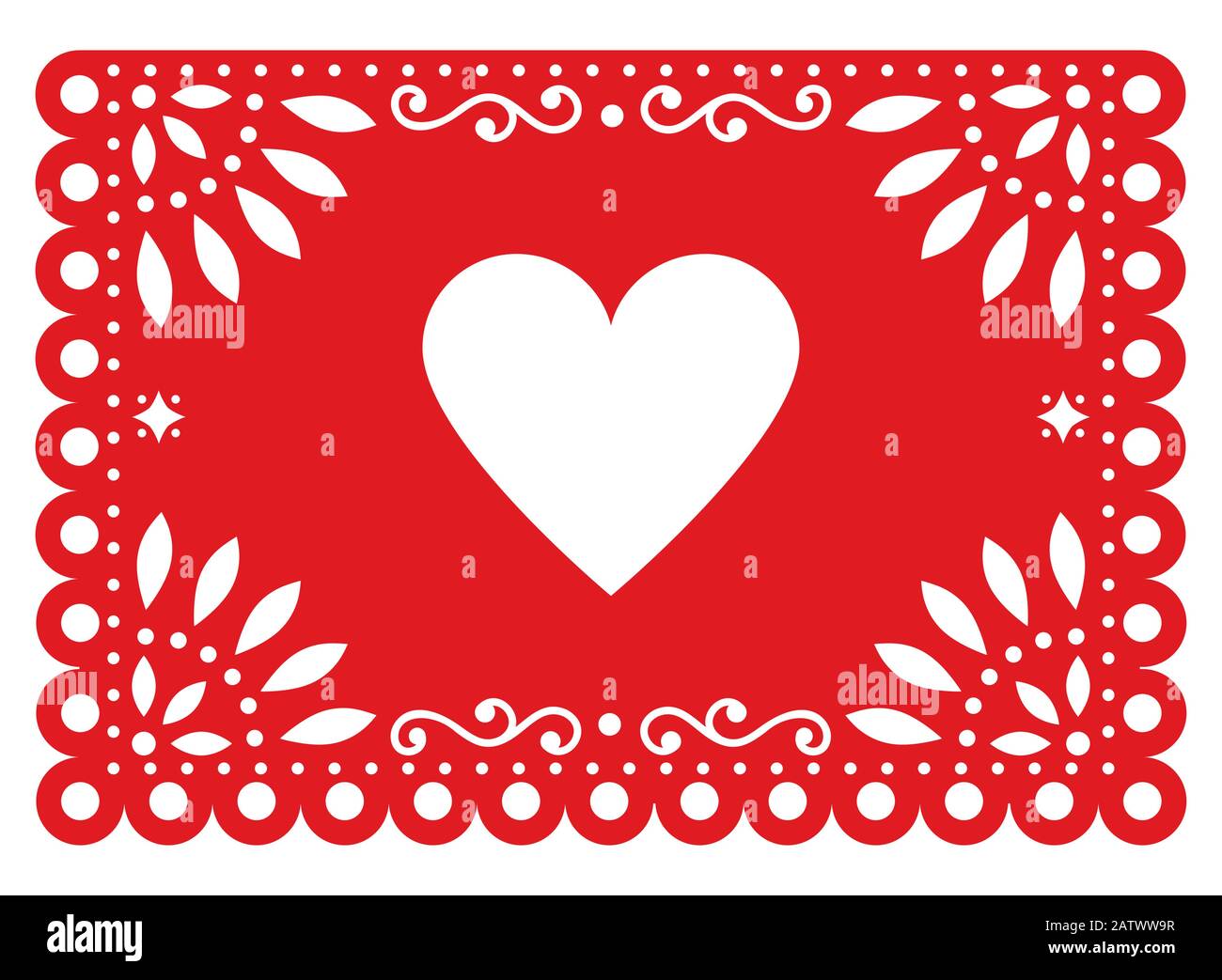 Design vettoriale Papel Picado per San Valentino con forma a cuore, carta rossa messicana decorazione con fiori e forme geometriche Illustrazione Vettoriale