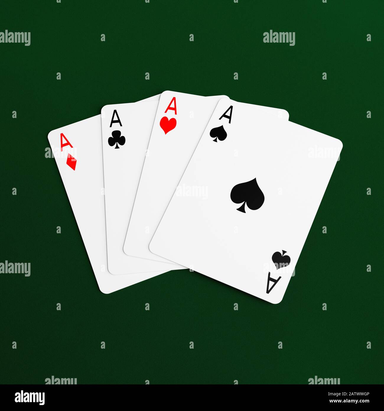 Quattro assi, carte da gioco abbronzate su uno sfondo verde baize Foto Stock