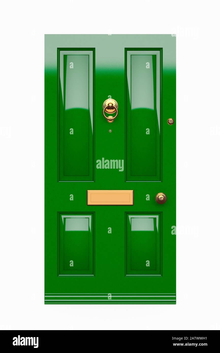 Modello di una porta frontale verde in stile georgiano britannico con un batticalcatore in ottone e una letterbox Foto Stock