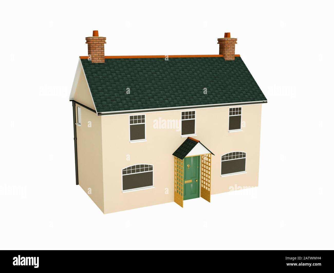 Modello di una vecchia casa britannica tradizionale cottage su uno sfondo bianco Foto Stock