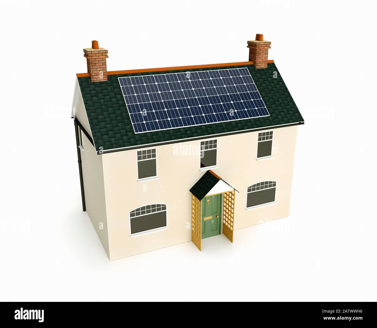 Modello di una vecchia casa britannica tradizionale cottage con pannelli solari montati sul tetto Foto Stock