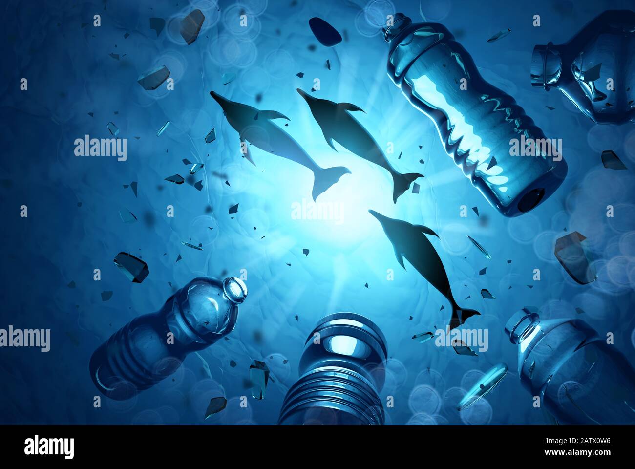 I delfini nuotano in un oceano pieno di microplasti e rifiuti di plastica. Concetto di inquinamento delle acque dell'oceano. Figura 3D. Foto Stock