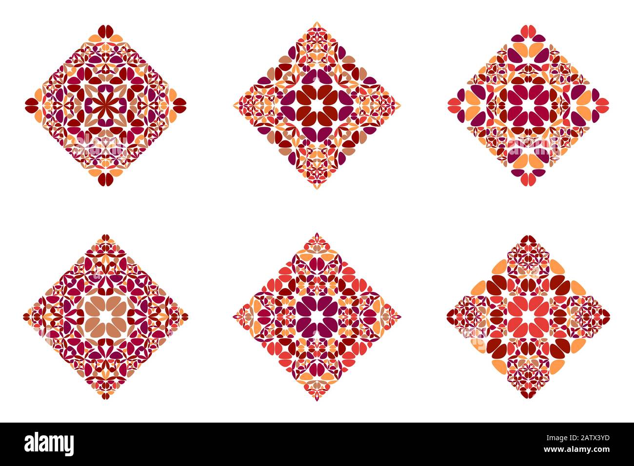 Set geometrico isolato di forme quadrate floreali - disegno grafico vettoriale ornamentale colorato astratto da forme geometriche Illustrazione Vettoriale