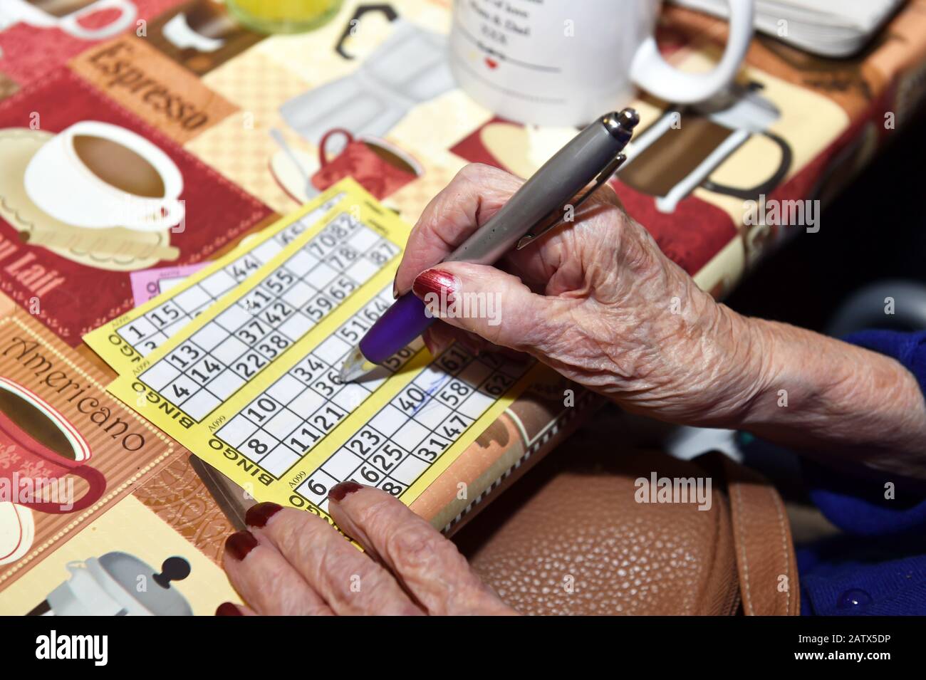 Il Bingo è giocato ad una goccia nel centro per la gente vecchia UK Foto Stock