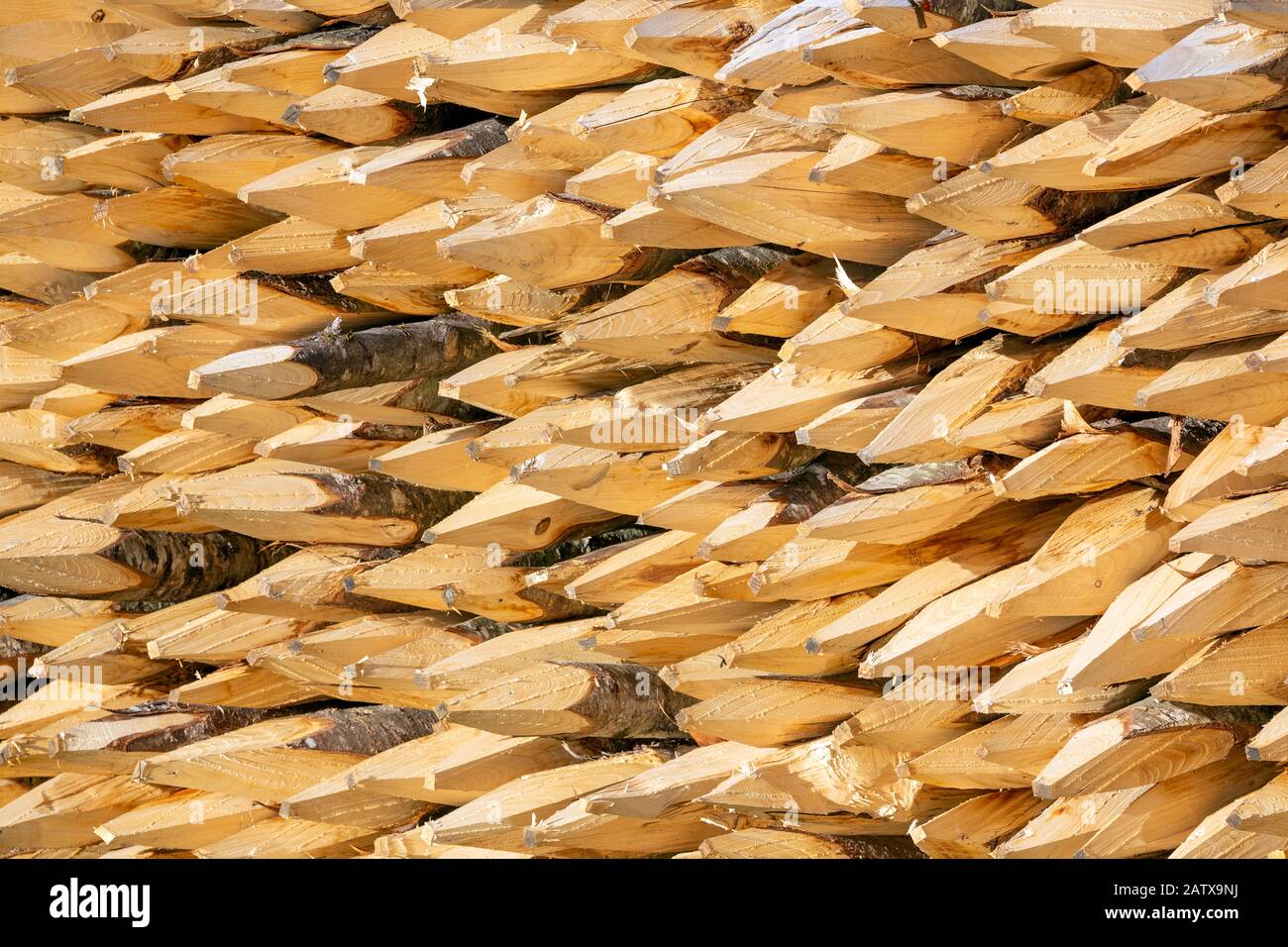 Stacked legno tagliato manualmente in pali di albero con un'estremità affilata usata per scherma. Foto Stock