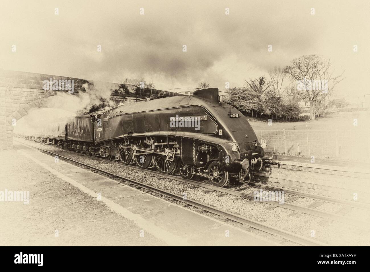 Il famoso treno a vapore LMS Class A4 4-6-2 60009 Union of South Africa in monocromia viaggiando a velocità attraverso High Bentham nel North Yorkshire Foto Stock