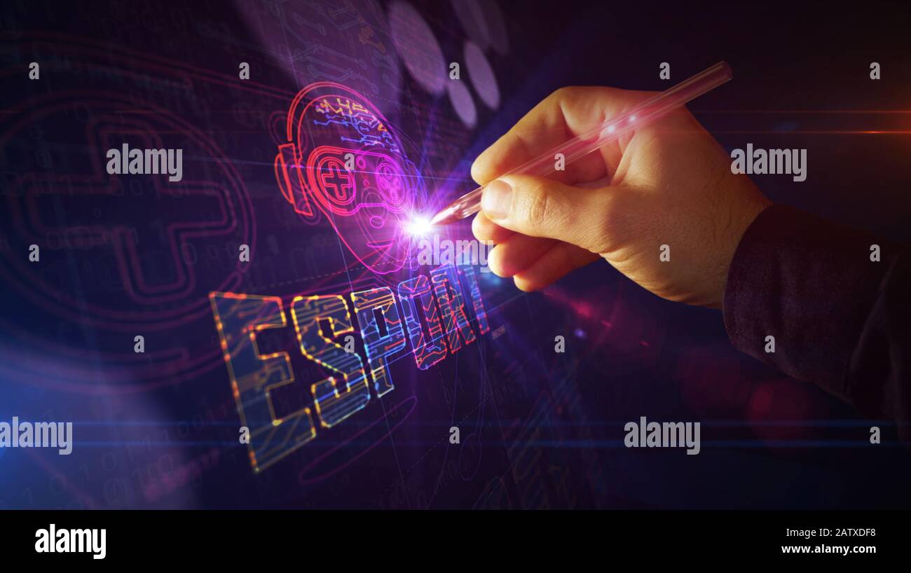 ESport cyber giochi con il progetto di simbolo giocatore. Concetto astratto di torneo, gioco, video gaming e sport digitale illustrazione 3d. Disegno d Foto Stock