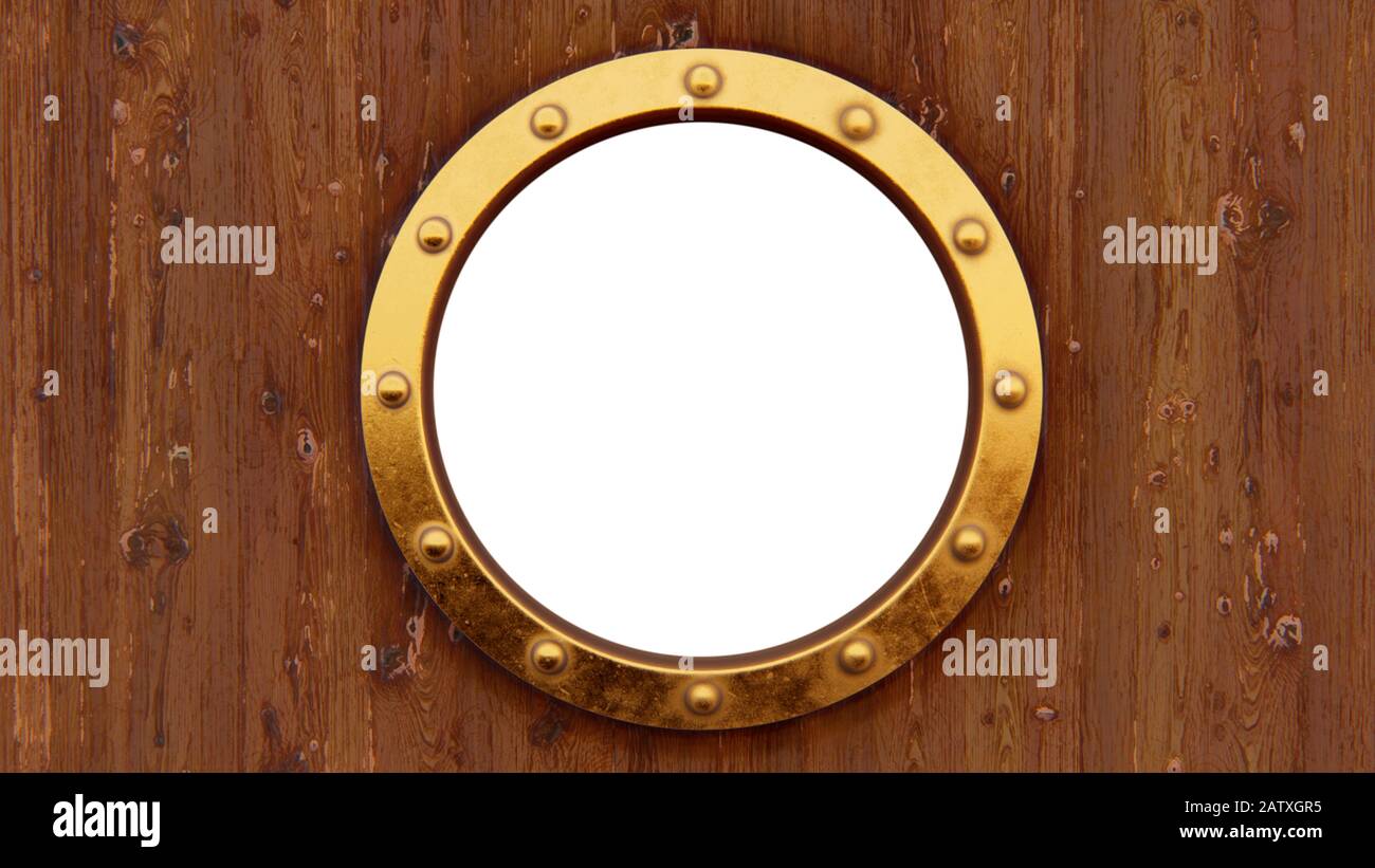 Porthole barca con sfondo legnoso isolato rendering 3D Foto Stock
