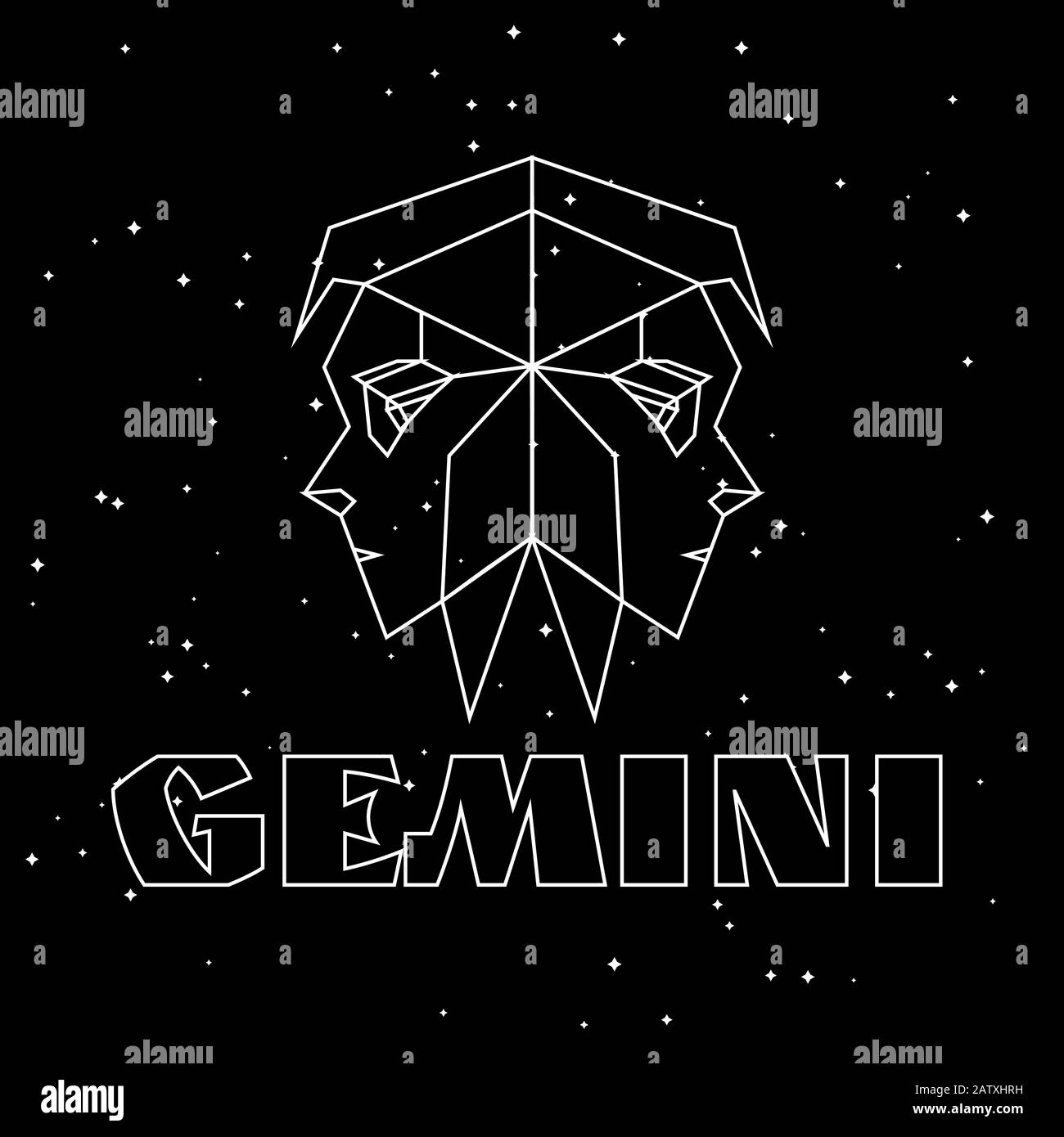 Minimi gemelli geometrici bianchi, segno zodiacale gemini, su sfondo cielo stellato Illustrazione Vettoriale