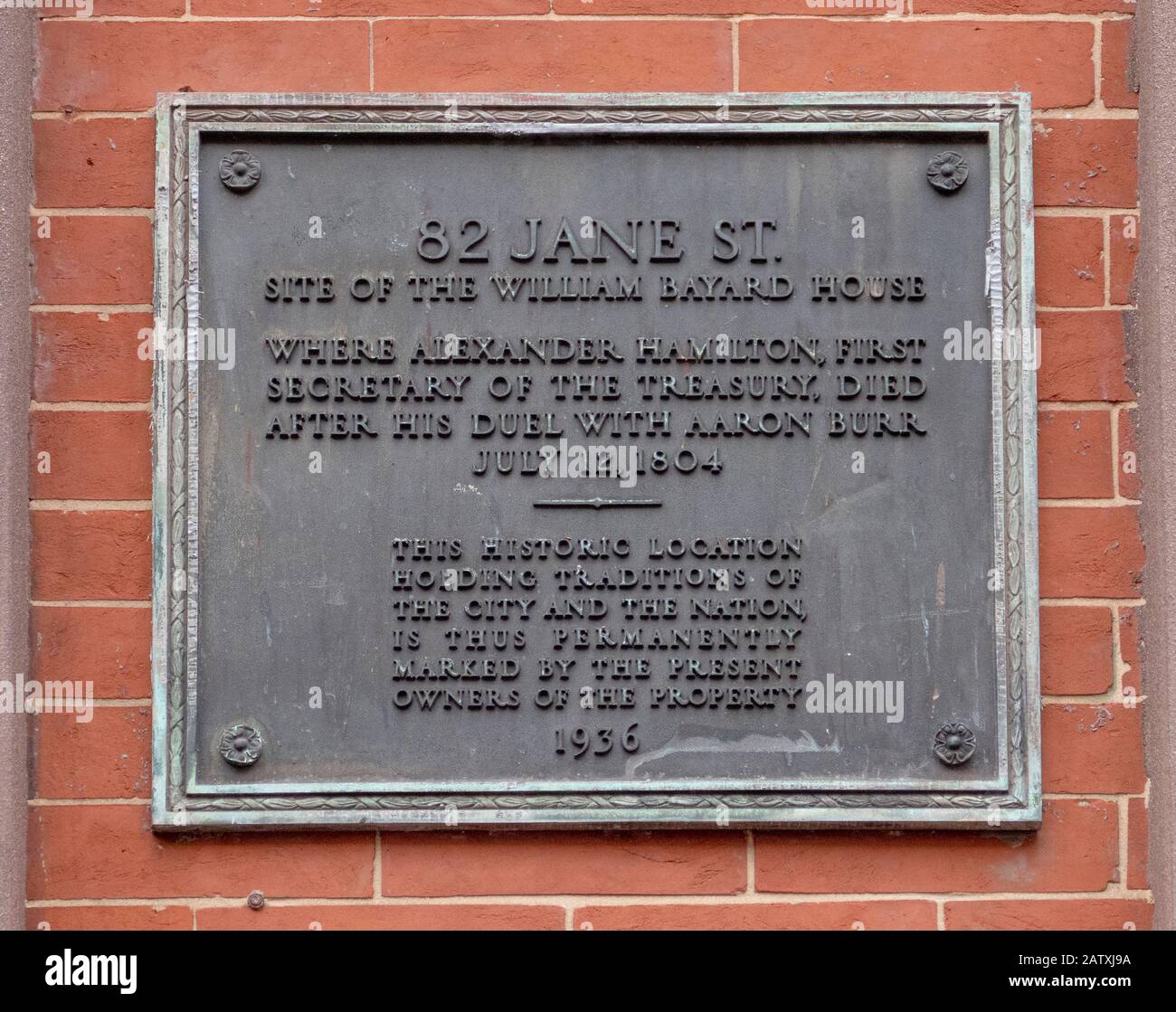 82 Jane Street, Manhattan, New York City segna il punto in cui il primo segretario del Tesoro, Alexander Hamilton morì dopo che fu ucciso da Aaron Burr Foto Stock