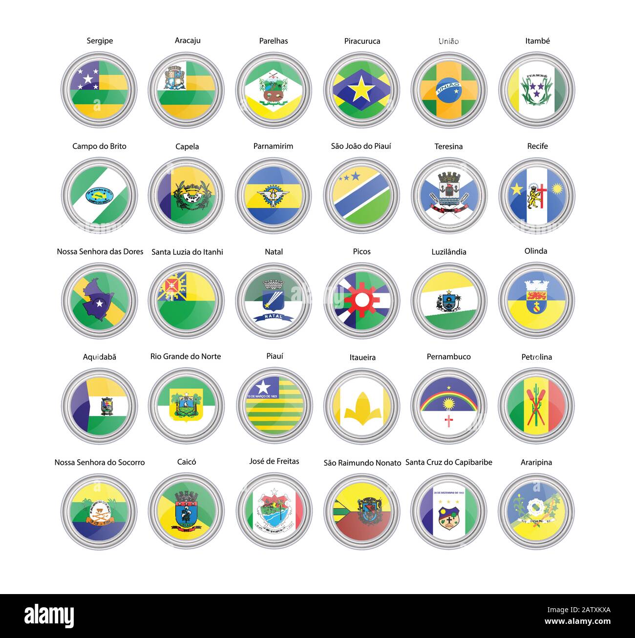 Set di icone vettoriali. Bandiere di Sergipe, Rio Grande do Norte, Pernambuco e Stati Piaui, Brasile. Illustrazione Vettoriale