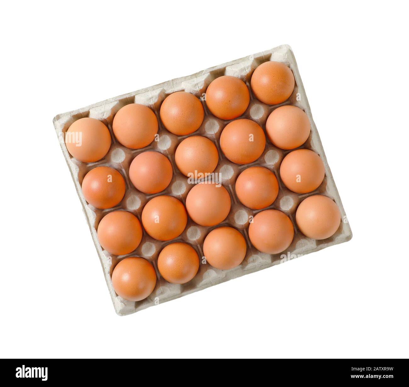 Venti uova fresche marroni in un vassoio di carta dell'uovo isolato su bianco Foto Stock